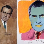 Nixon a confronto tra i due artisti (a sinistra Rockwell e a destra Wharol)